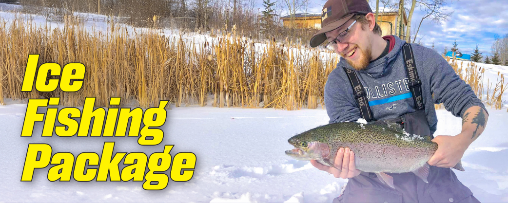 Man holds rainbow trout caught while ice-fishing